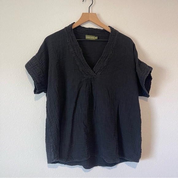 Honest Cotton Tops - Honest Cotton Shirt Womens OS/M/L Black Gauzy Cotton Vneck Short Sleeve Casual